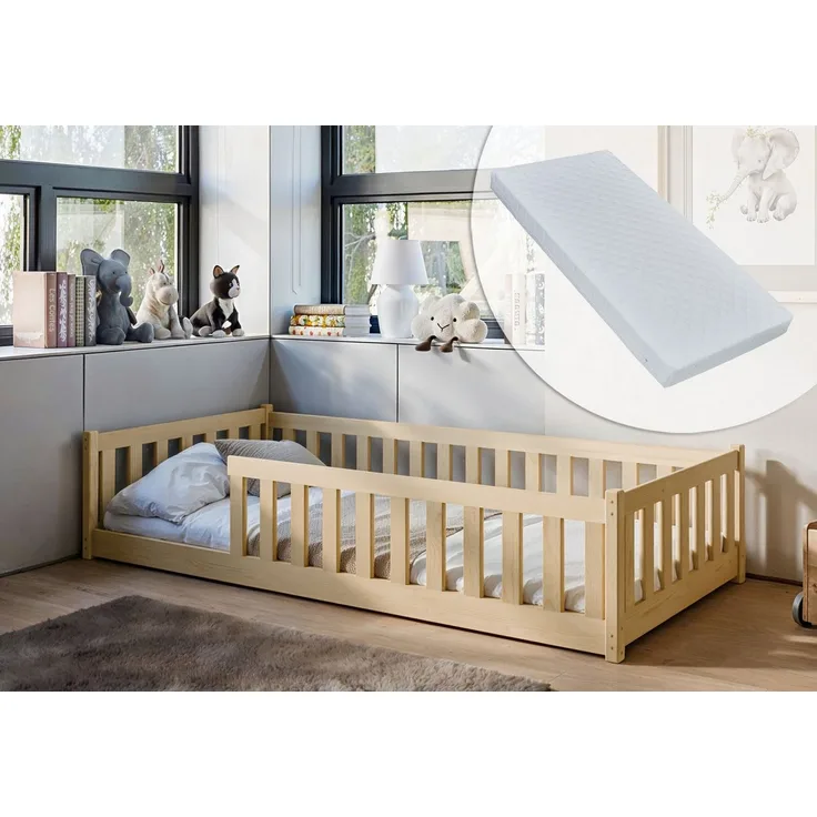 Kids Collective Kinderbett Bodenbett Bett mit Rausfallschutz & Lattenrost Montessori Bett Kinder (Jungen, Mädchen, Kinder, weitere Größen 90x200, 120x200, 140x200 cm), Jugendbett Einzelbett mit Matratze, natur Kiefer 80 x 160 cm