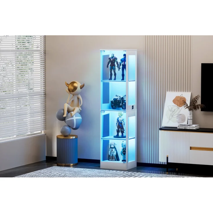 Vierstöckige Glasvitrine mit Stauraum, LED-Beleuchtung, Glastüren und intelligenten Sensoren, Als staubdichte Glasvitrine für Wohnzimmer, Schlafzimmer und Büros geeignet, Weiß. 40*35*165cm--Weiß--40x35x165cm--YOUDENOVA – Bild 8