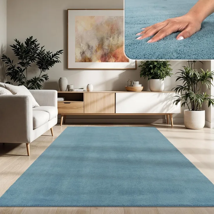 Paco Home Waschbarer Teppich Wohnzimmer Schlafzimmer Kurzflor rutschfest Flauschig Weich Moderne Einfarbige Muster, Grösse:200 cm Quadrat, Farbe:Türkis