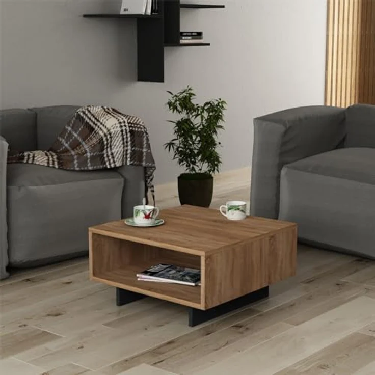 Calicosy Couchtisch Eiche, melaminbeschichteter Holzwerkstoff, 60x32x60 cm, mit zusätzlichem Regal für Stauraum – Bild 2