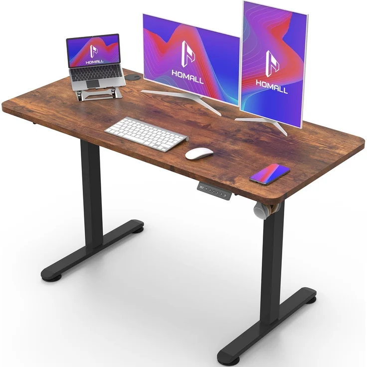 Homall Höhenverstellbarer Schreibtisch 120x60cm mit USB-Anschluss,Braun | Höhe verstellbar 73-118 cm, Memory-Funktion mit 2 Höhen,1 Haken, Bürotisch