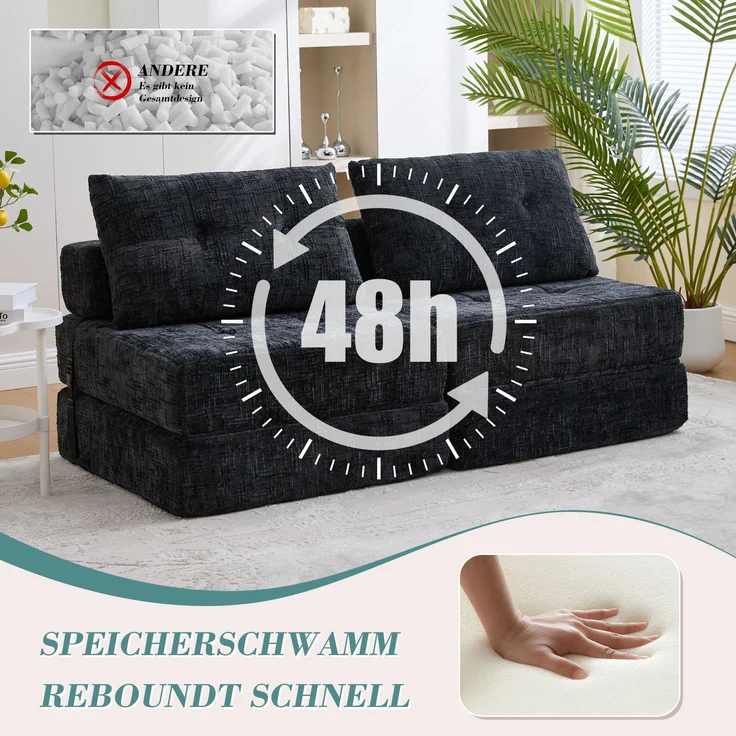 Klappbares Schlafsofa Chenille Schwarz, 79x79x57 cm (aufgeklappt 79x180 cm) – Bild 7