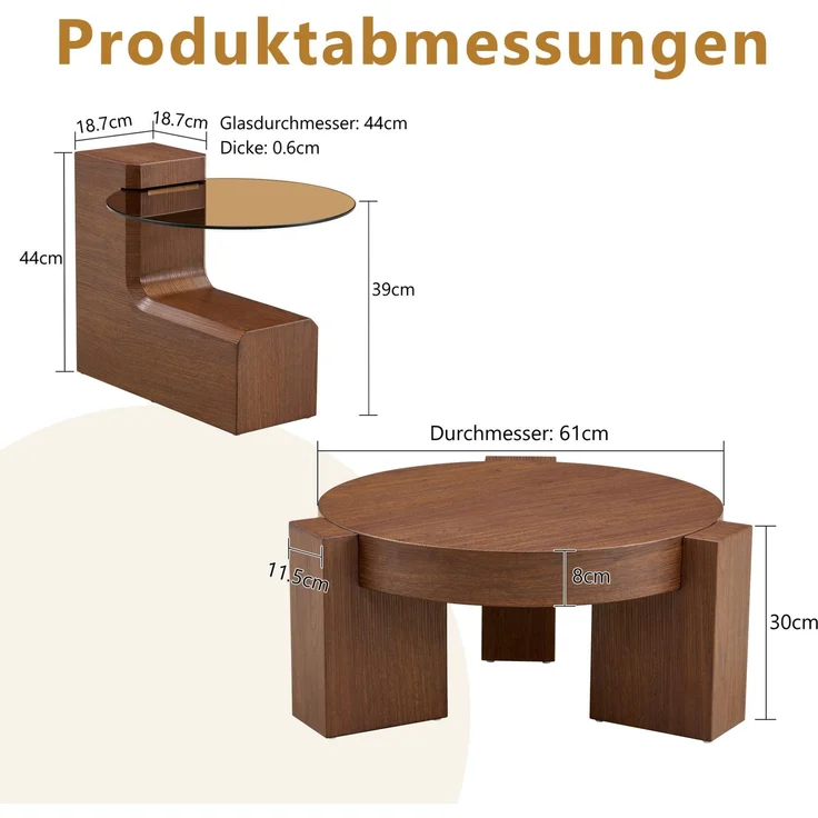 DESVIAE Couchtisch-Set 2-tlg. mit Sicherheitsglas Ø61x30 cm, MDF in Nussbaumoptik, braun – Bild 10