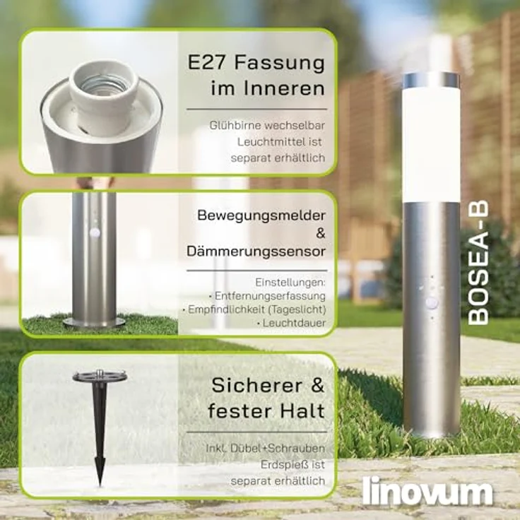 linovum LED Außen-Wandleuchte Wegeleuchte BOSEA-B Daemmerungs- & Bewegungsmelder - Pollerleuchte, Leuchtmittel nicht inklusive – Bild 5