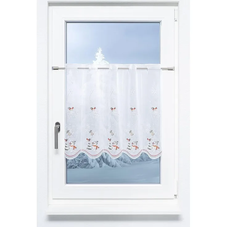 Scheibengardine Plauener Spitze - Schneemann mit Vöglein (Bx H) 48cm * 55cm rot/rot-silber