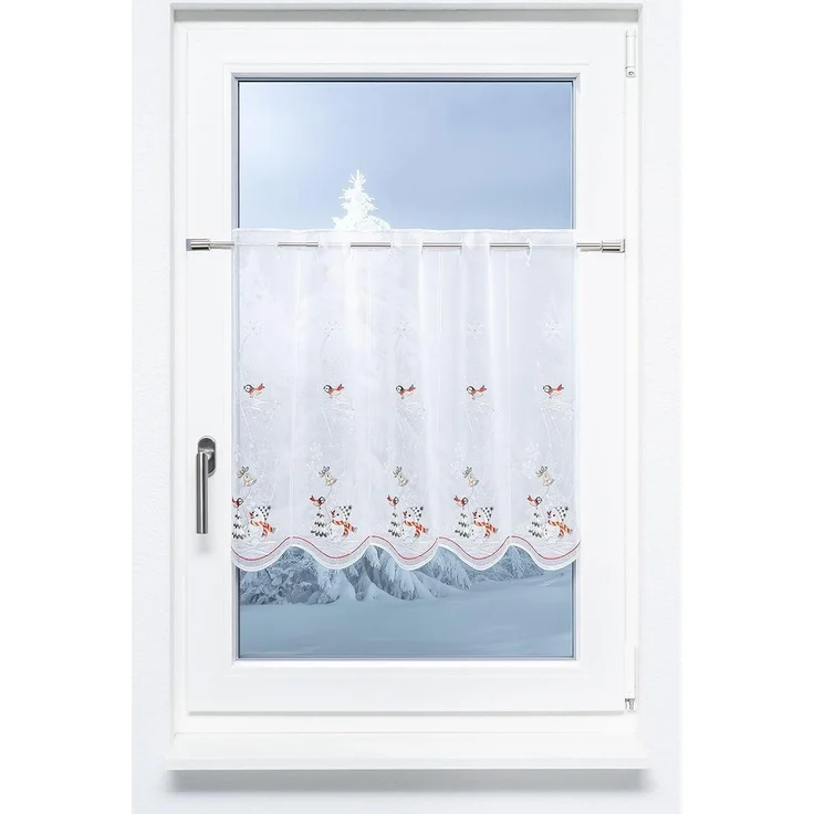 Scheibengardine Plauener Spitze - Schneemann mit Vöglein (Bx H) 48cm * 55cm rot/rot-silber – Bild 1