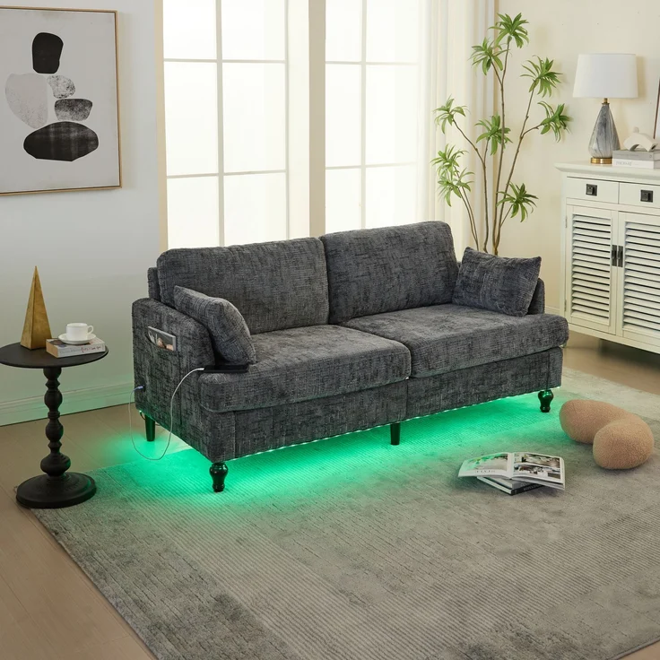 2-sitziges Chenille-Sofa mit USB-Ladeanschluss, LED-Licht und Aufbewahrungstasche in Grau – Bild 5