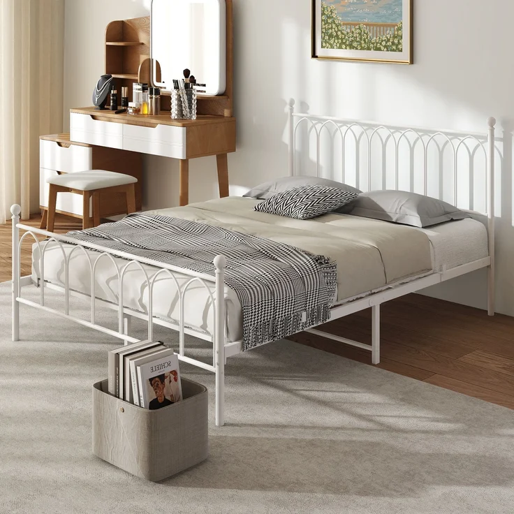 Doppelbett aus Metall mit Lattenrost, 27 cm Stauraum & Aufbewahrungsnetz, 140x200 cm, Weiß – Bild 2