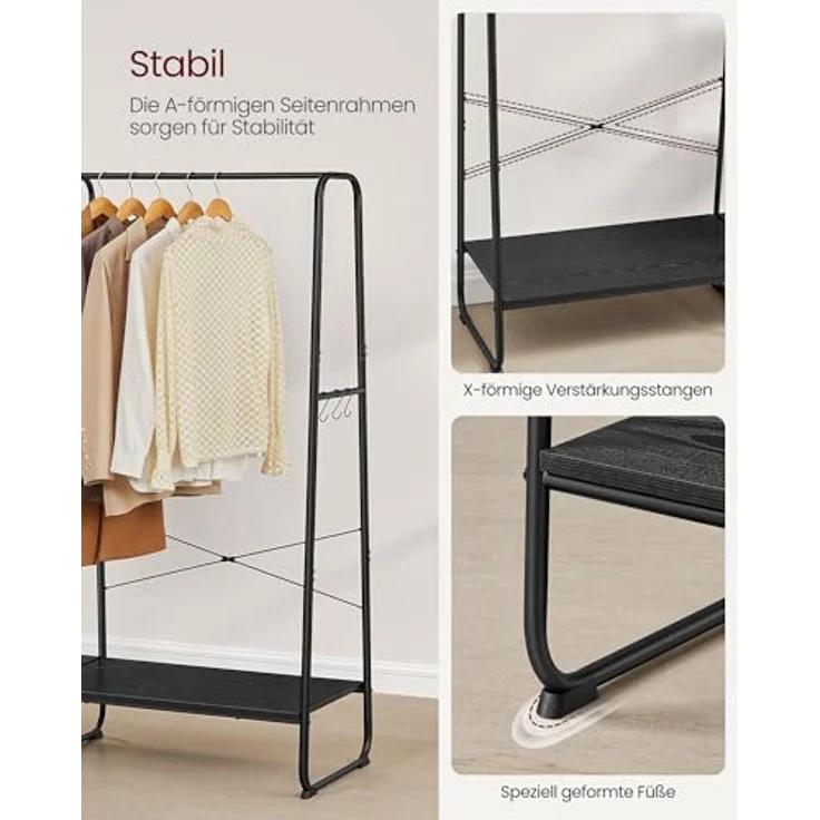 VASAGLE Kleiderständer, Garderobenständer, 45 x 120 x 160 cm Garderobe, Kleiderstange, Schuhablage, offener Kleiderschrank, 6 Haken abnehmbar, Schlafzimmer Flur, ebenholzschwarz-Mattschwarz RGR116B02 – Bild 4