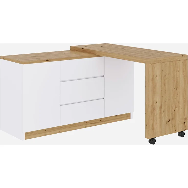 Schreibtisch 120 × 50 × 76,5 cm, drehbar und klappbar, 3 Schubladen, 2 Türen, 2 feststellbare Rollen, 4 cm starke Platte, Spanplatte, Weiß/Eiche – Bild 9