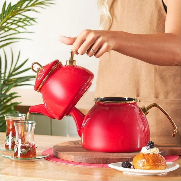 Karaca Teekanne Karaca Retro Emaille-Teekannen-Set, 3.4L, Rot, Induktionsgeeignet – Bild 3
