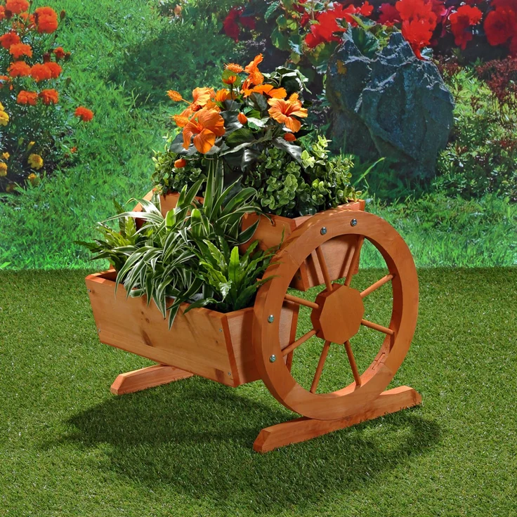 Pflanzkübel mit Wagenräder aus Holz Garten Dekoration Blumentrog Holzkasten – Bild 3
