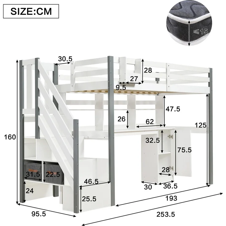 Hochbett 90x200 cm mit Schreibtisch, Stauraumtreppe und vierseitigem Rausfallschutz in Weiß-Grau, ohne Matratze – Bild 5