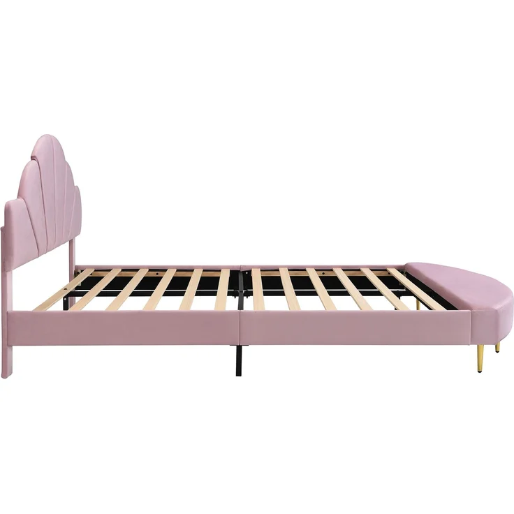 Merax Polsterbett, 140x200cm Doppelbett Samtkopfteil, Mit einer Bettbank in gleicher Farbe, Weiche Antikollisions-Schwammkante, Stabiler Bettrahmen, Rosa – Bild 7