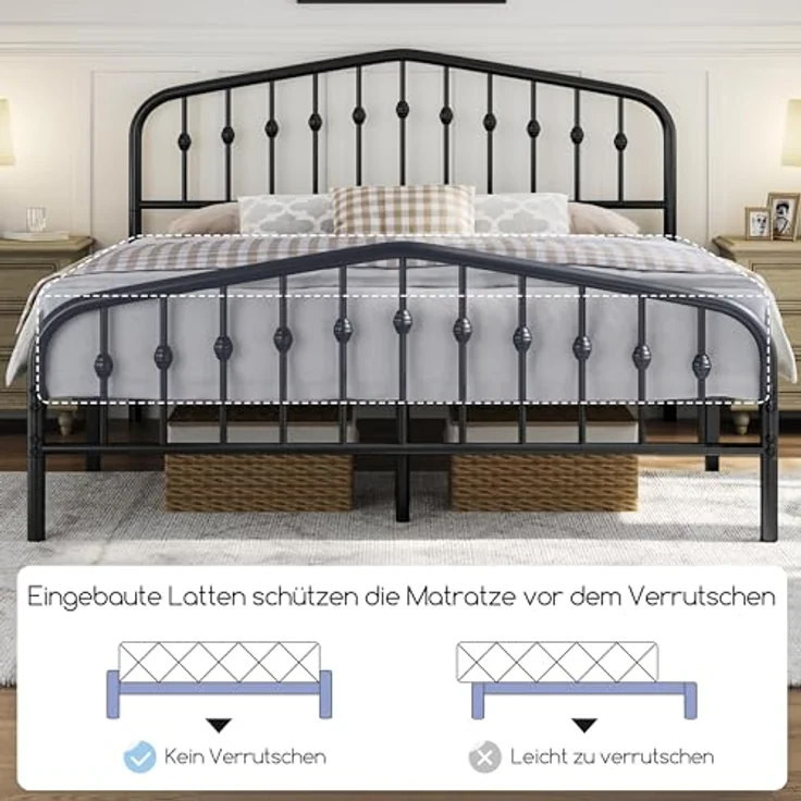 Yaheetech Bettrahmen 160x200 cm, Vintage Metallbett mit kronenförmigem Kopfteil, Stabiles Bettgestell Doppelbett aus Metall, Robust & Leichte Montage Gästebett Jugendbett Tagesbett, Schwarz – Bild 7