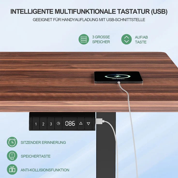 Elektrisch höhenverstellbarer Schreibtisch, Memory-Funktion, USB-Anschluss, Kabelmanagement, Holzwerkstoff / Metall, Walnuss, 160 x 80 cm, Höhe 72-118 cm – Bild 3