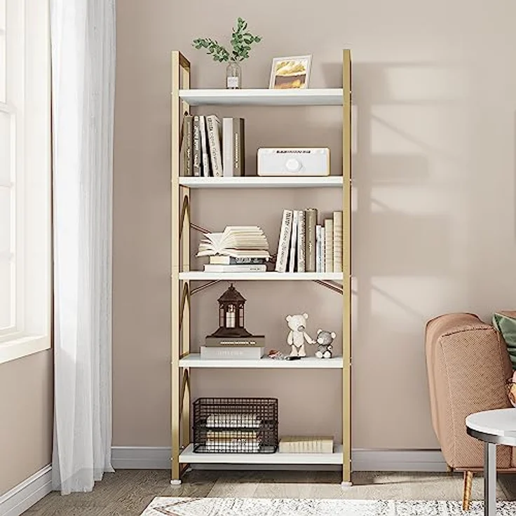 YITAHOME Bücherregal mit 5 Ebenen, Industrielles Standregal Aufbewahrungsregale für Wohnzimmer Bücher Schlafzimmer Büro Küche Zeitschriften, Golden – Bild 5