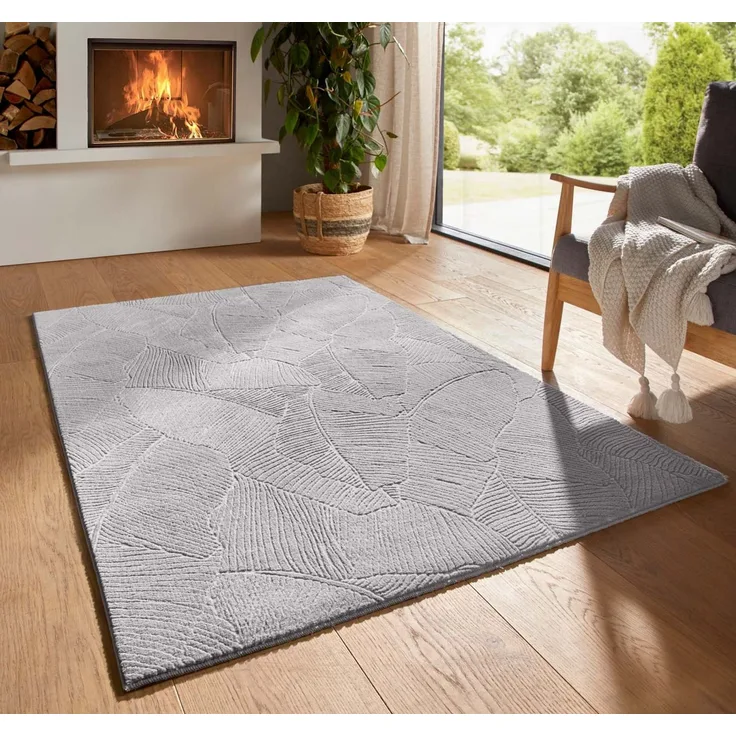 TaraCarpet Teppich TaraCarpet Homestyle 391 Blätter, rechteckig, Höhe: 10 mm, Felloptik hoch-tief weich waschbar floral grau 50x80