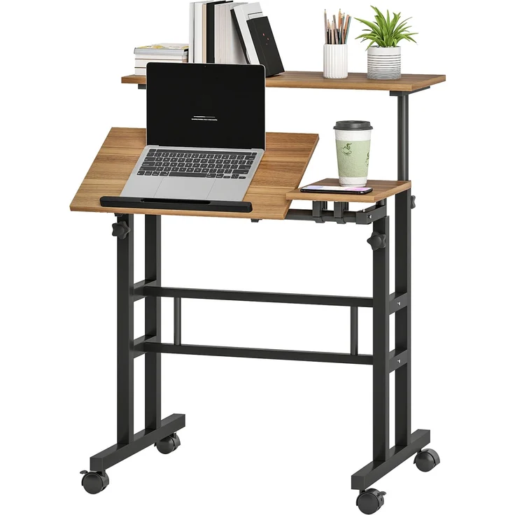 Steh-Sitz-Schreibtisch, höhenverstellbar, 70 x 60 cm, Rollen, neigbare Tischplatte, brauner Metallrahmen, Cecodadi – Bild 2