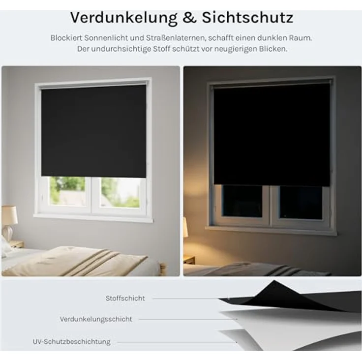 WOLTU Verdunkelungsrollo, nur zur Schraubmontag Thermo Verdunkelungsrollo mit Kette, Sichtschutz für Türen und Fenster, 140x160 cm [Stoffbreite: 136 cm], Schwarz – Bild 2