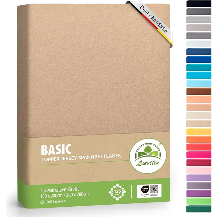 leevitex Topper Boxspringbett Spannbettlaken | 100% Baumwolle | Ökotex | 125 g/m² | 180x200 cm - 200x200 cm | Sand/Cappuccino | 18 cm Steg