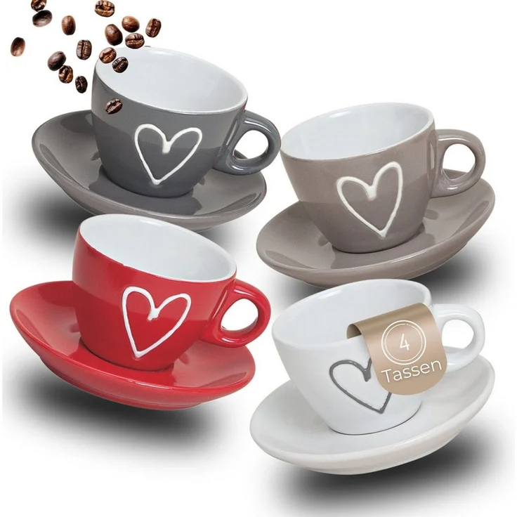 matches21 HOME & HOBBY Tasse Espresso-Tassen Herz-Dekor 4er Set dickwandige Keramik, 50 ml, 4-tlg, Keramik, Kleine Vintage Henkel Mokka Kaffee-Tassen mit Untertassen – Bild 1