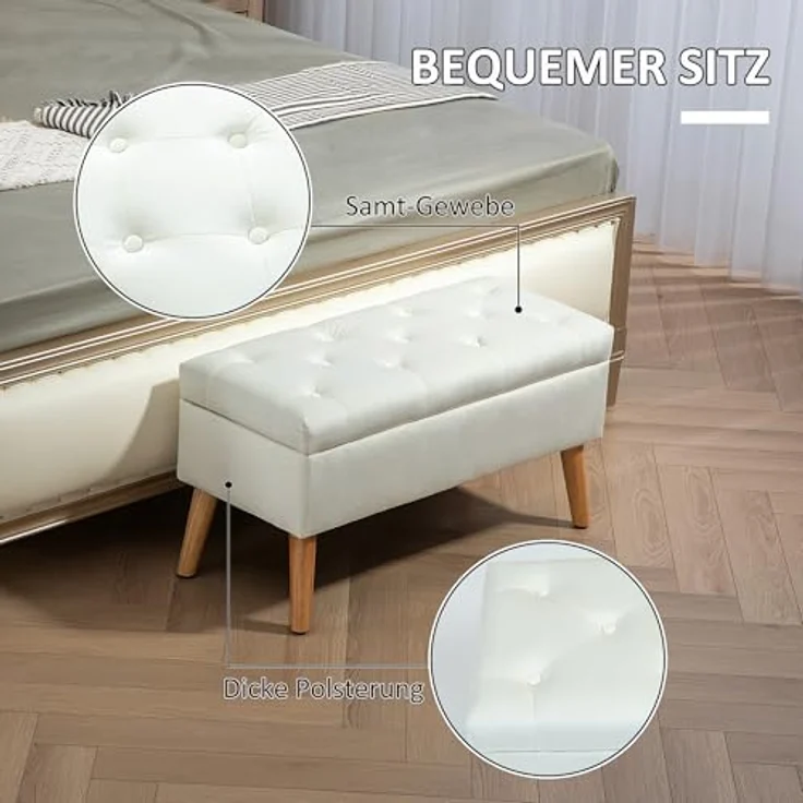 HOMCOM Sitzbank mit Stauraum, Deckel, Samtoptik (Truhenbank, 1-St, Polsterbank), für Flur Schlafzimmer Wohnzimmer, Gummiholz 102 x 35 x 43 cm Weiß – Bild 6
