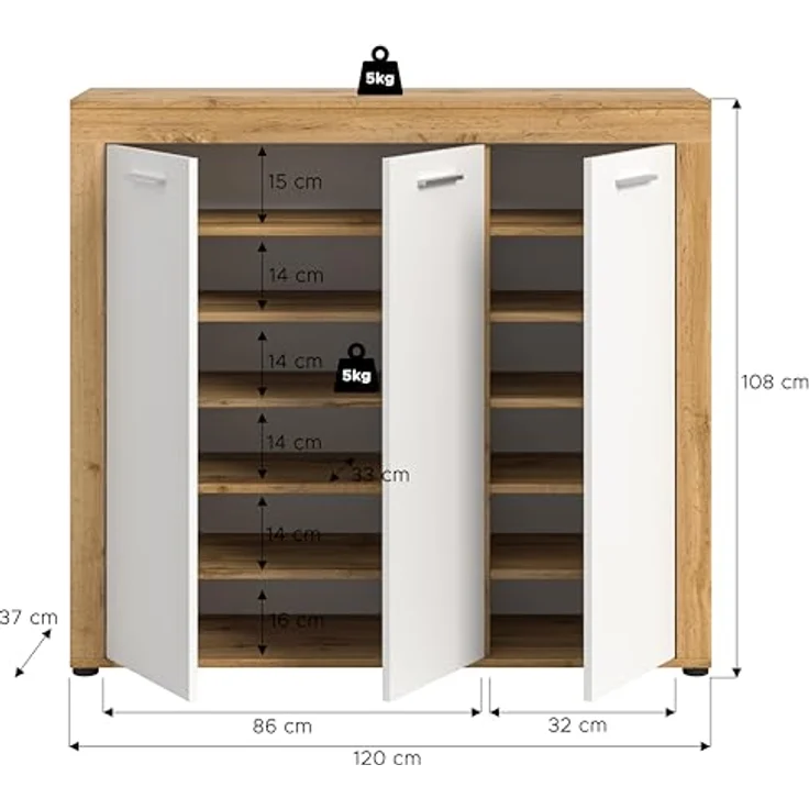xonox. home Garderobe Jam X8BK6608 Schuhschrank Garderobenschrank Schrank in Wotan Eiche Nb, weiß. ca. 120 x 108 x 37 cm – Bild 4