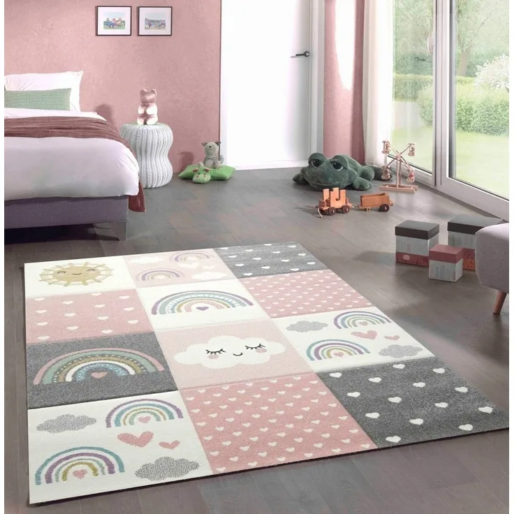Carpetia Kinderteppich Kinderzimmer Herzchen Wolken Regenbogen rosa creme grau, rechteckig, Höhe: 13 mm
