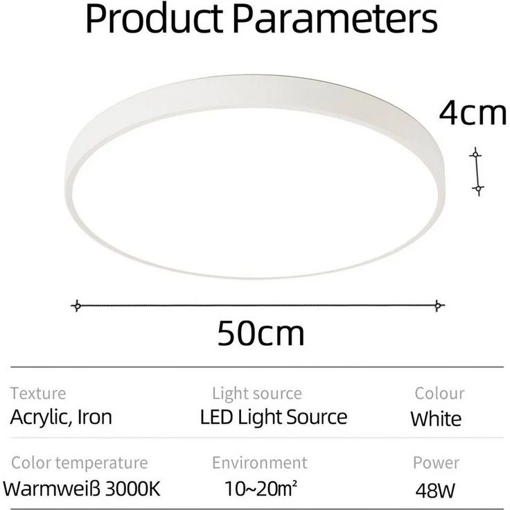 Natsen Deckenleuchte Runde LED Deckenlampe, 48W, Warmweiß 3000K, Schlafzimmer Lampe Küchenlampe 50x50x4 cm, Weiß – Bild 3