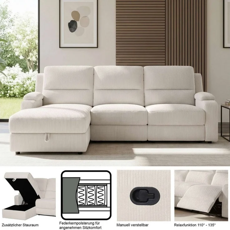 OTTO home Ecksofa NAPORI Struktur-Bezug, L-Form, 210cm, man./elektr. Relaxfunktion, USB-A bei elektr. Variante, Staukasten, Seitentaschen u. Federkern – Bild 3
