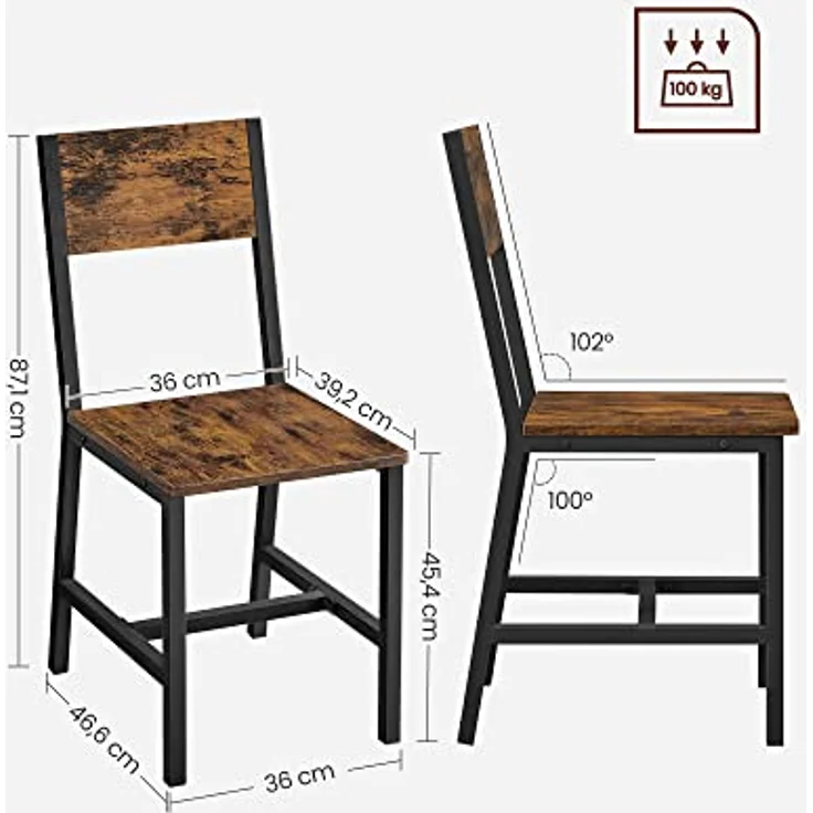 VASAGLE Esstisch mit 2 Esszimmerstühlen, Esszimmermöbel-Set, Essgruppe, für Wohnzimmer, Küche, Metallrahmen, einfache Montage, vintagebraun-schwarz KDT078S03V1 – Bild 5
