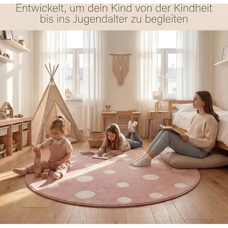 Jimri Kinderteppich DOTS l Pünktchen Gepunktet | Farbe: Beige Blau Rosa | Kinderzimmer/Jugendzimmer – Bild 9
