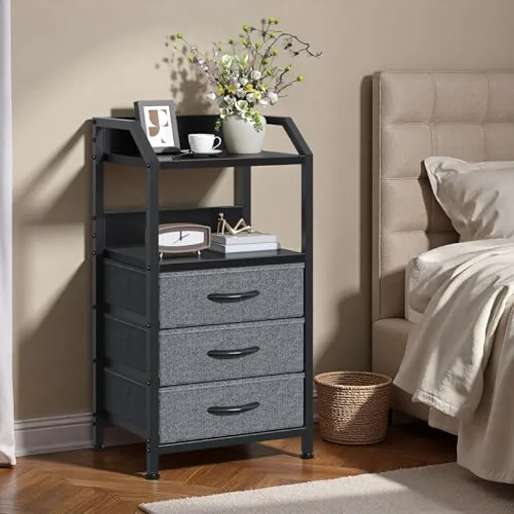Feonase Nachttisch mit 3 Stoff-Schubladen, Kleine Kommode & Beistelltisch, 2-Fach MDF-Nachtschrank mit offenem Fach, moderner Side Table für Schlafzimmer, Wohnzimmer, Dunkelgrau