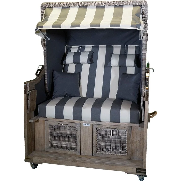 Strandkorb Teak Grey Washed grau / weiß Stoff 2 Sitzer Voll-Liegemod. – Bild 2