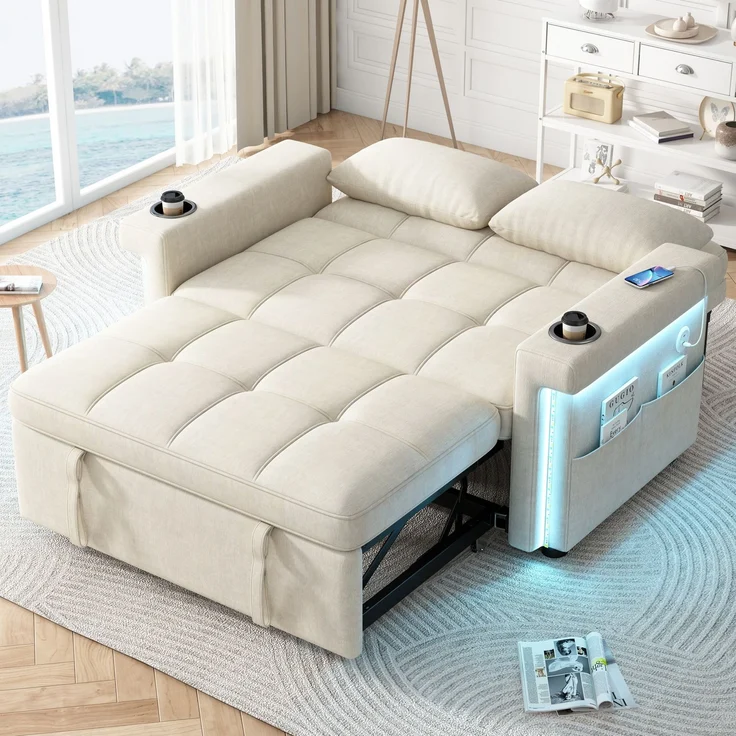 Merax 2-Sitzer Sofa, Schlafsofa mit Schlaffunktion, LED-Beleuchtung, USB/Type-C-Ladeanschluss, verstellbare Rückenlehne, Kissen, Getränkehalter, Seitentasche, Chenille Stoff, Beige – Bild 2