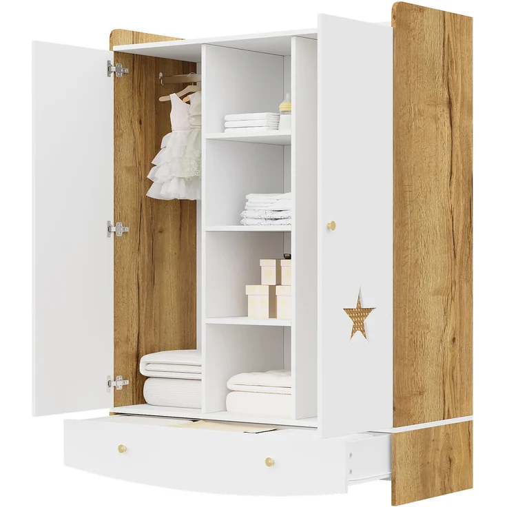 CHICFURN Kleiderschrank mit 2 Kleiderstangen, Schublade und Rattan-Elementen Natur+Weiß 120x50x160 cm – Bild 7