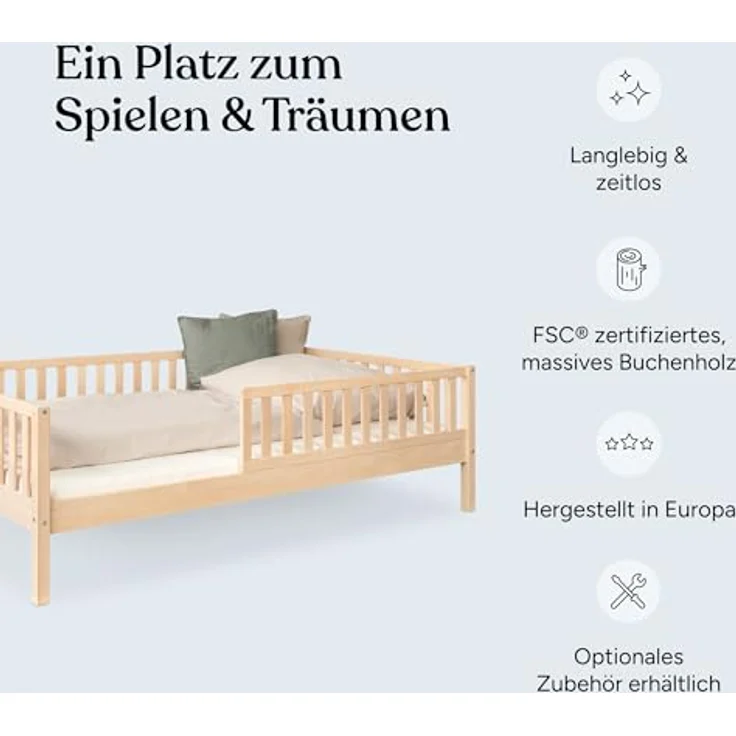 Ehrenkind Kinderbett Livo aus massivem Buchenholz, FSC® zertifiziert, inkl. Rausfallschutz (langlebig & flexibel, Kinder Bett in Buche, Kinderbetten) – Bild 4