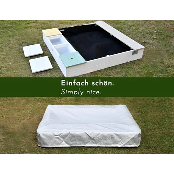 WONDERMAKE Sandkasten arena2, quadratisch mit Abdeckung, 2 Matschküchen, farbig lasiert, 113x113 cm, schwarz bunt – Bild 4