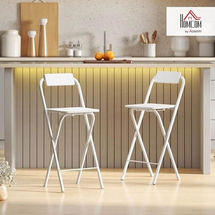 HOMCOM Barhocker mit Stahlgestell, Lehne, Fußstütze (Tresenhocker, 2 St, Klappbar Barstuhl), für Küche, Wohnzimmer, Esszimmer Weiß – Bild 2