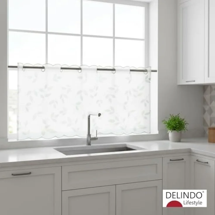 Delindo Lifestyle Scheibengardine Blätter (1 St), Stangendurchzug, transparent, Voile, mit Stangendurchzug für die Küche – Bild 2