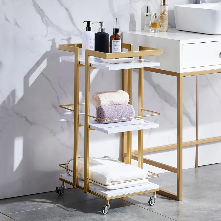 M MCombo Servierwagen mit Rollen, Küchenwagen Barwagen Metallgestell Weiß-Gold, Moderne Rollwagen Mehrzweckwagen mit 3 Ebenen, für Küche Bad Wohnzimmer Büro, 0033 – Bild 2