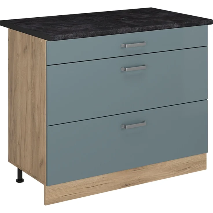 Küchenunterschrank R-Line Blau-Grau/Goldkraft Eiche 100 cm Arbeitsplatte Anthrazit Vicco – Bild 1