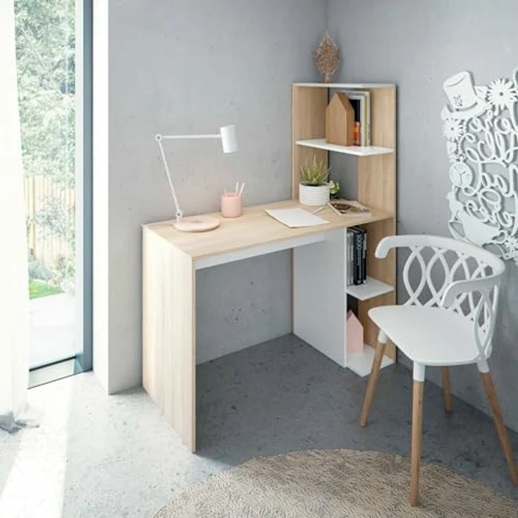 Dmora - Pittston Schreibtisch, linearer Schreibtisch mit Bücherregal, platzsparender Mehrzweck-Bürotisch, 110 x 52 x 136 cm, Weiß und Eiche – Bild 2