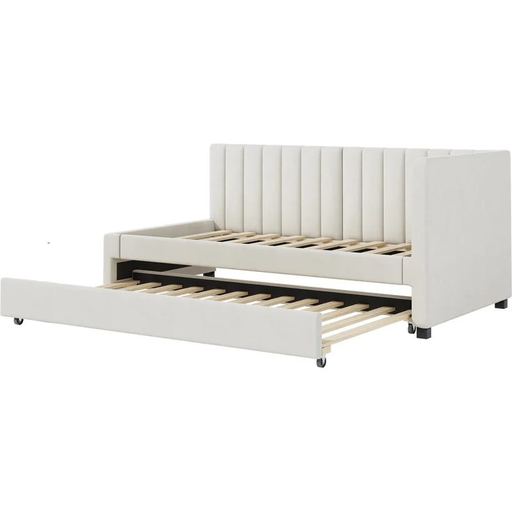 Polsterbett 90*200, Ausziehbares Schlafsofa, Multifunktionsbett mit Lattenrost, Jugendbetten Kinderbetten Gästebetten, Samtstoff Beige – Bild 7