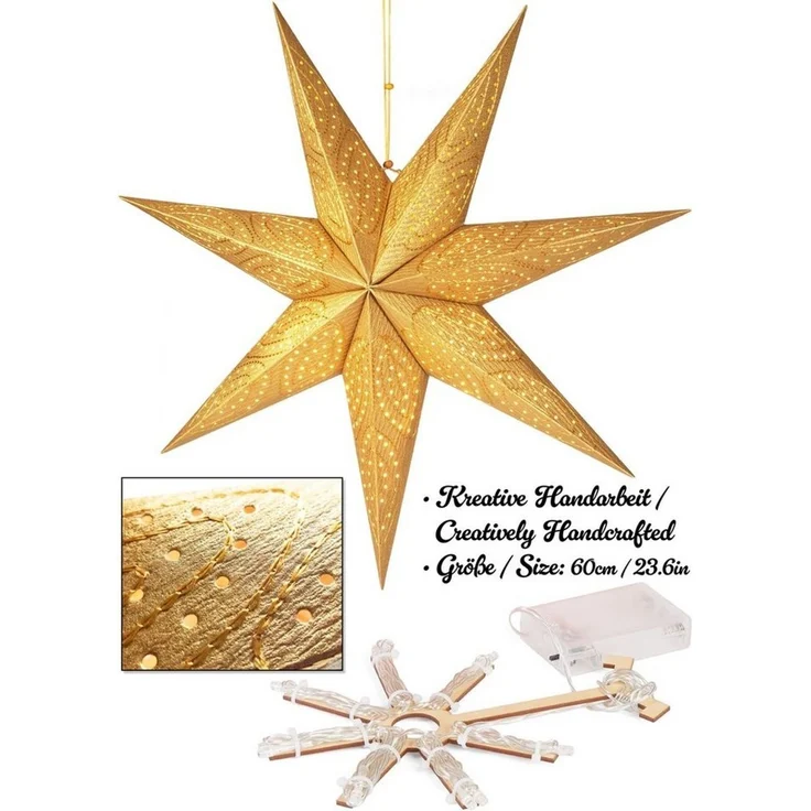 BRUBAKER LED Stern 60 cm Papier Weihnachtsstern zum Aufhängen - LED Adventsstern, Hängender Leuchtstern - Beleuchtbar mit Batterie, LED fest integriert, Warmweiß, Weihnachtsdeko für Fenster - 3D Papierstern mit Timer-Funktion – Bild 2