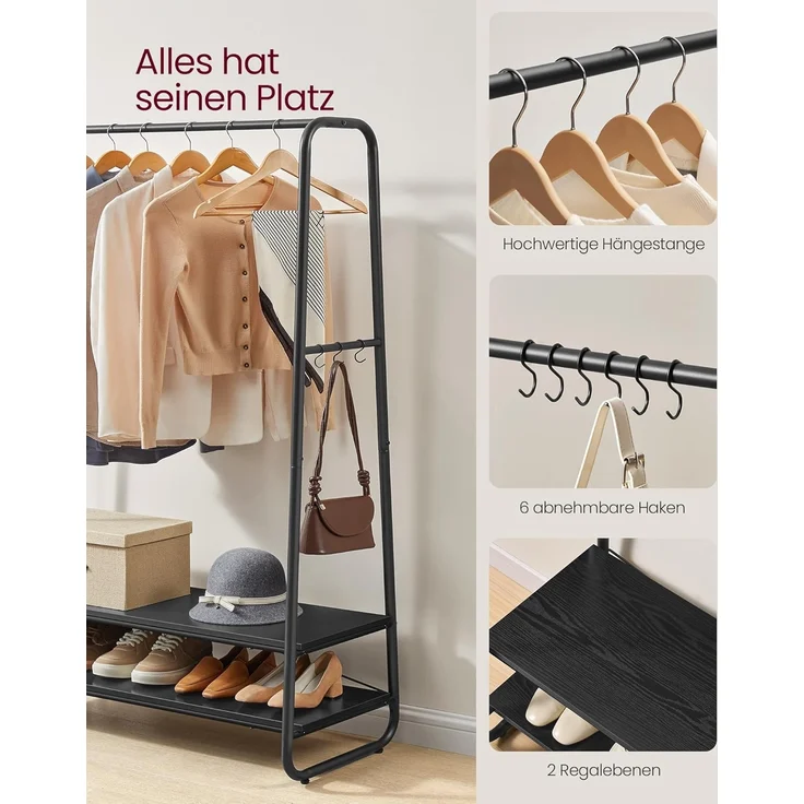 VASAGLE Kleiderständer, Garderobenständer, Garderobe, 2 Ablagen, 6 Haken in S-Form, Stahlgestell, für Schlafzimmer, Flur, Eingangsbereich, ebenholzschwarz-mattschwarz RGR112B03 – Bild 6