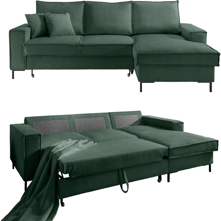 Ecksofa Récamiere Schlaffunktion Bettkasten Couch Polsterecke in Cord Grün – Bild 1