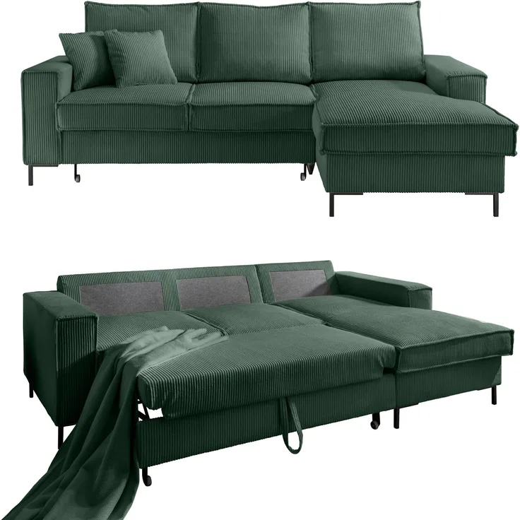 Ecksofa Récamiere Schlaffunktion Bettkasten Couch Polsterecke in Cord Grün