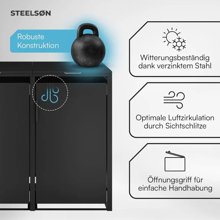 STEELSØN 'Thoria' Mülltonnenbox 2er je 240 Liter, graphitschwarz, Mülltonnenverkleidung aus Stahl, wetterfest, 116x80x134 cm, Müllbox für 2 Tonnen – Bild 4
